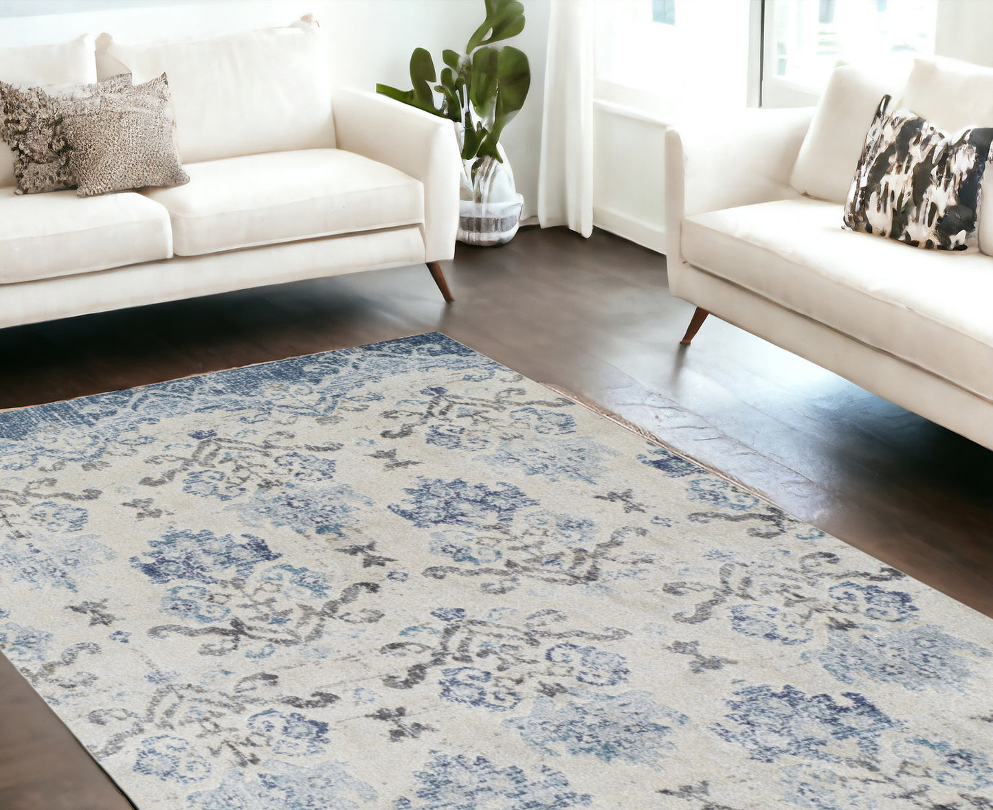 8' X 11' Blue and Ivory Oriental Area Rug