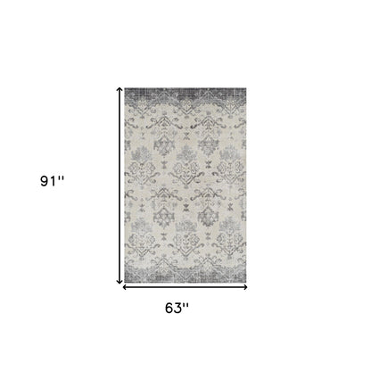 5' X 8' Gray and Ivory Oriental Area Rug