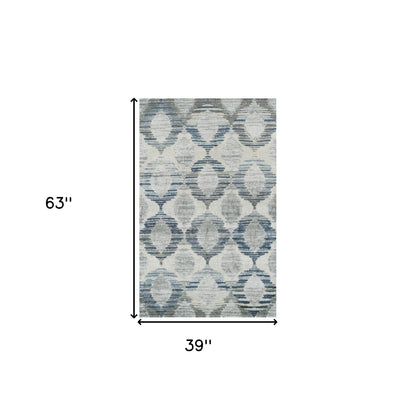 3' X 5' Blue and Ivory Geometric Area Rug