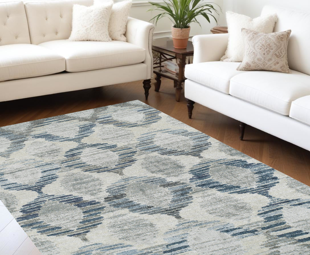 10' X 13' Blue and Ivory Geometric Area Rug