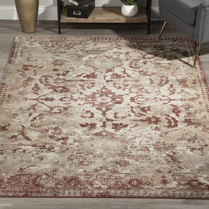 5' X 8' Red and Beige Oriental Area Rug