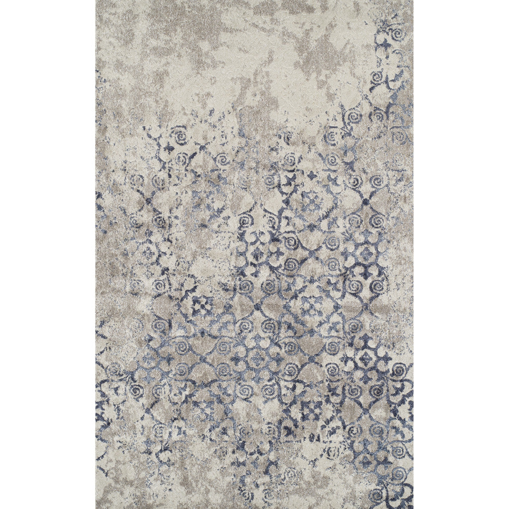 3' X 5' Blue and Ivory Oriental Distressed Area Rug