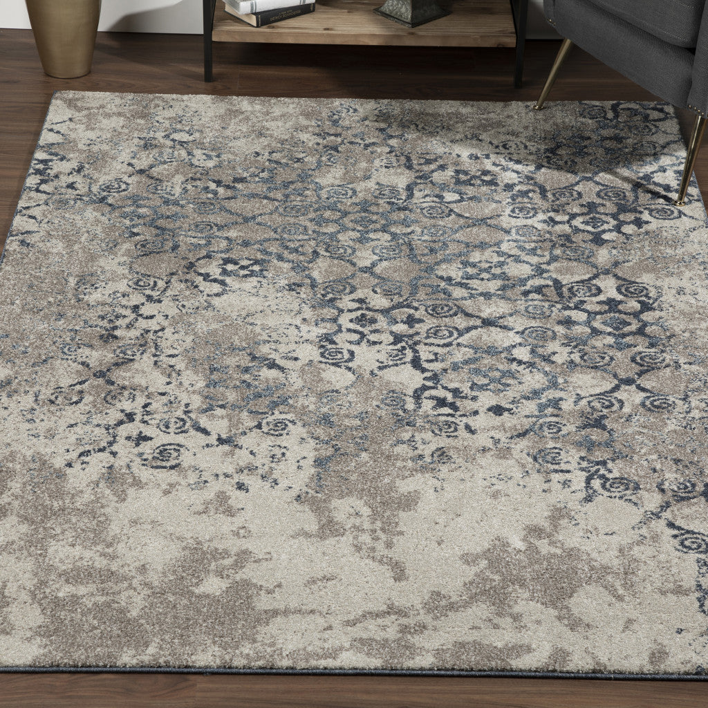 3' X 5' Blue and Ivory Oriental Distressed Area Rug