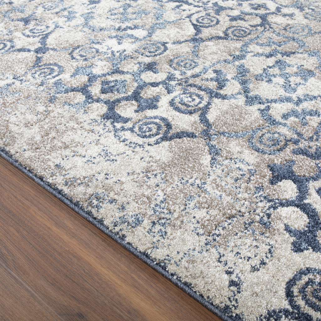 3' X 5' Blue and Ivory Oriental Distressed Area Rug