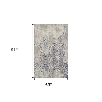 5' X 8' Blue and Ivory Oriental Distressed Area Rug