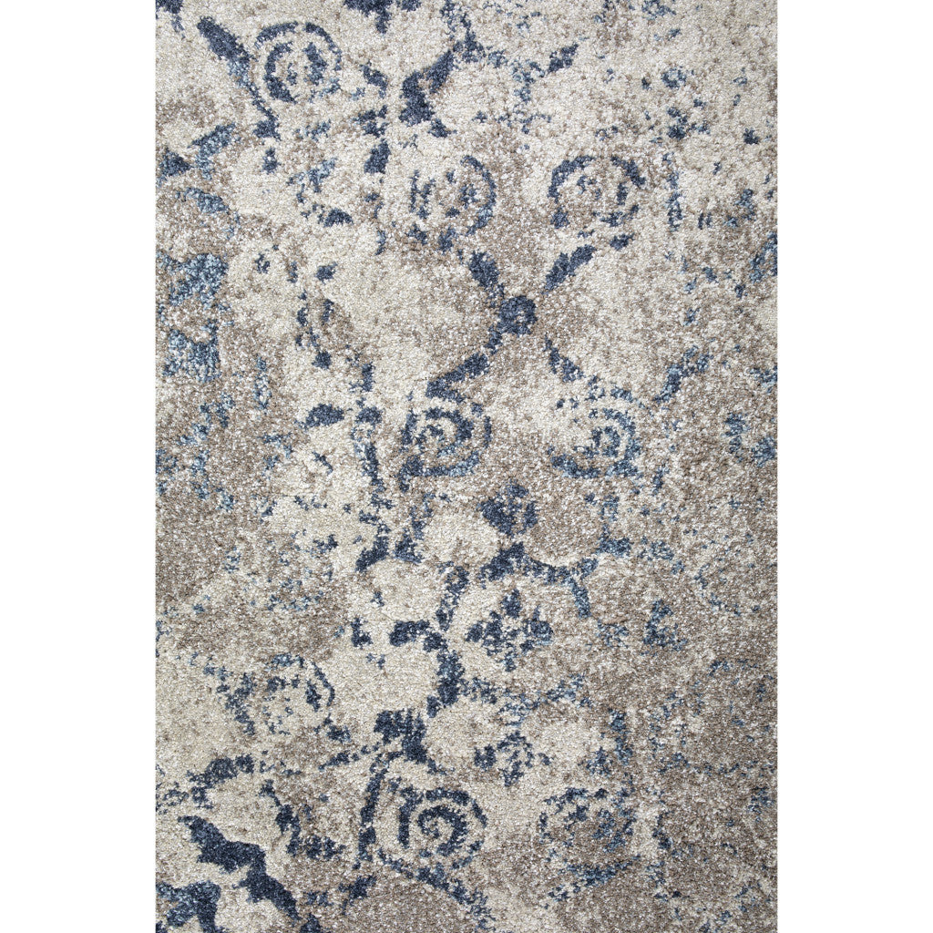 5' X 8' Blue and Ivory Oriental Distressed Area Rug