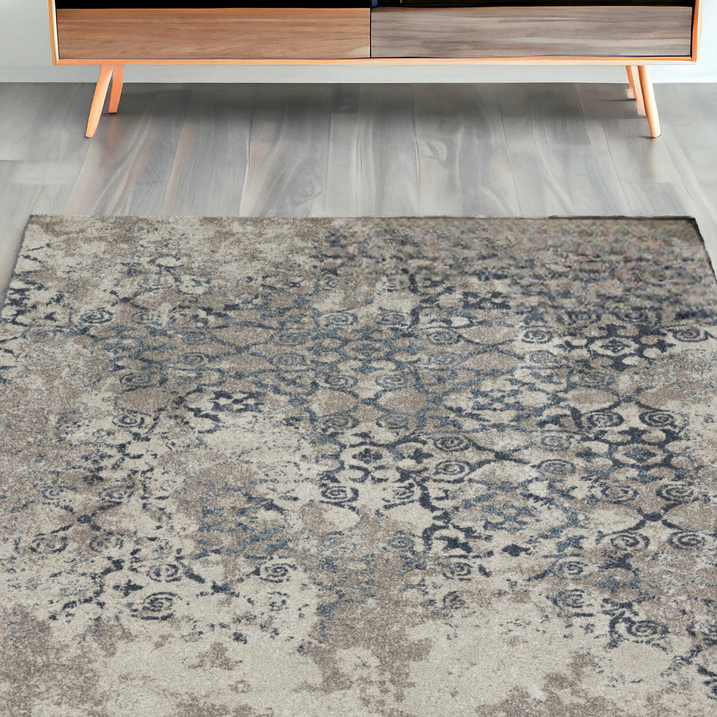 5' X 8' Blue and Ivory Oriental Distressed Area Rug