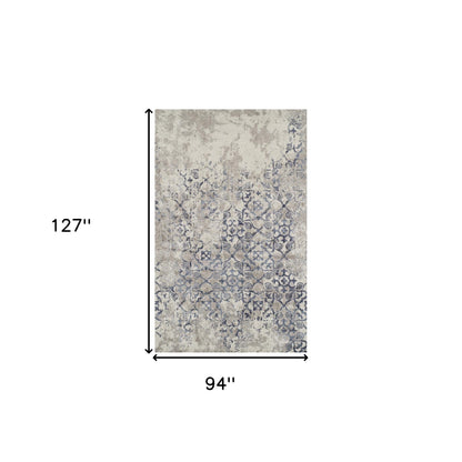 8' X 11' Blue and Ivory Oriental Distressed Area Rug