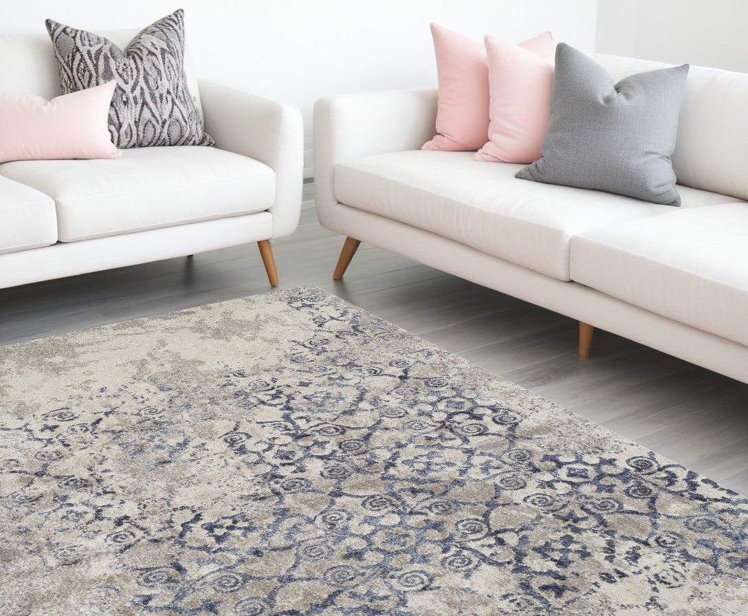 8' X 11' Blue and Ivory Oriental Distressed Area Rug