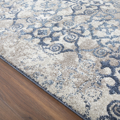 8' X 11' Blue and Ivory Oriental Distressed Area Rug