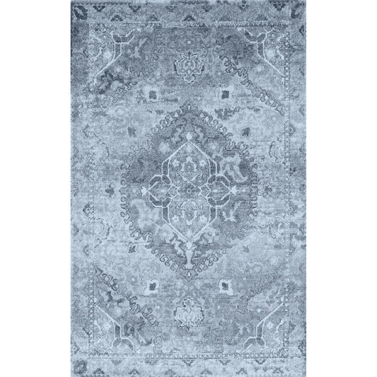 5' X 8' Blue and Ivory Oriental Distressed Area Rug