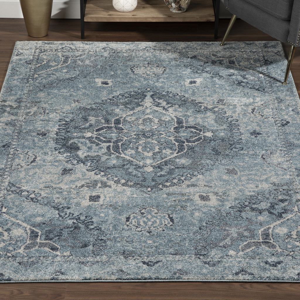 5' X 8' Blue and Ivory Oriental Distressed Area Rug