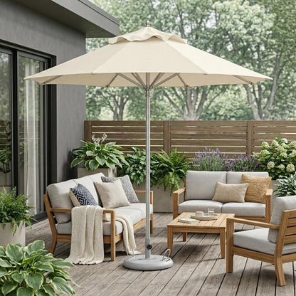 10' Ecru Polyester Round Tilt Cantilever Patio Umbrella with Stand