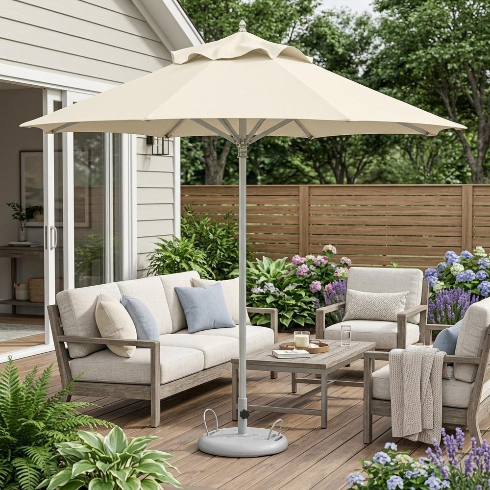 13' Ecru Polyester Round Tilt Cantilever Patio Umbrella with Stand