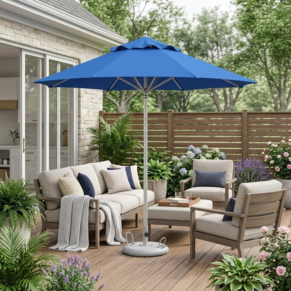 13' Blue Polyester Round Tilt Cantilever Patio Umbrella with Stand