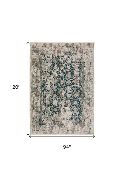 8' X 10' Blue Oriental Area Rug With Fringe