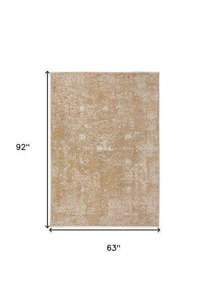 5' X 8' Beige Oriental Area Rug With Fringe