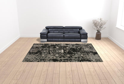 9' X 13' Black Oriental Area Rug With Fringe