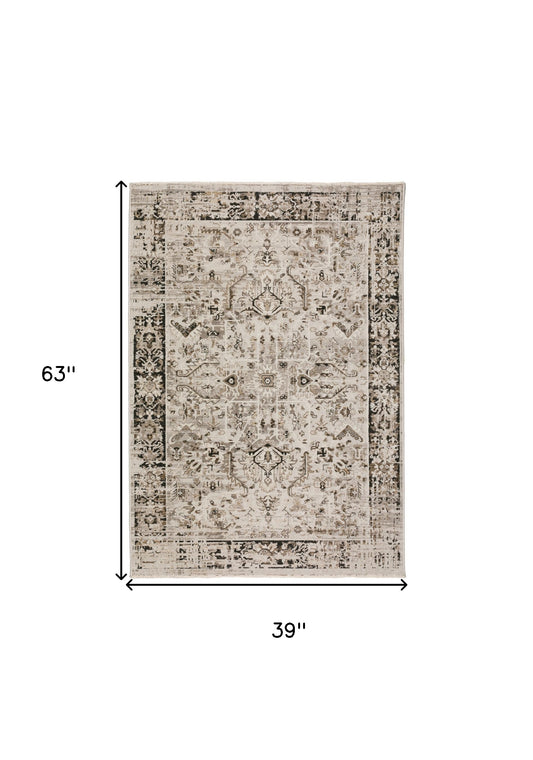 3' X 5' Gray Oriental Area Rug With Fringe