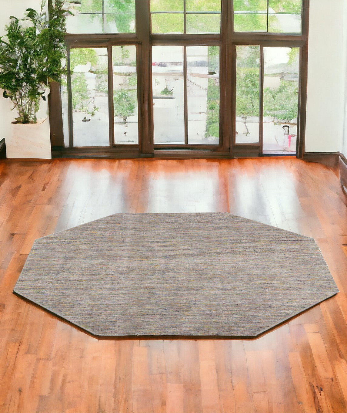 6' Gray and Yellow Octagon Wool Hand Loomed Area Rug