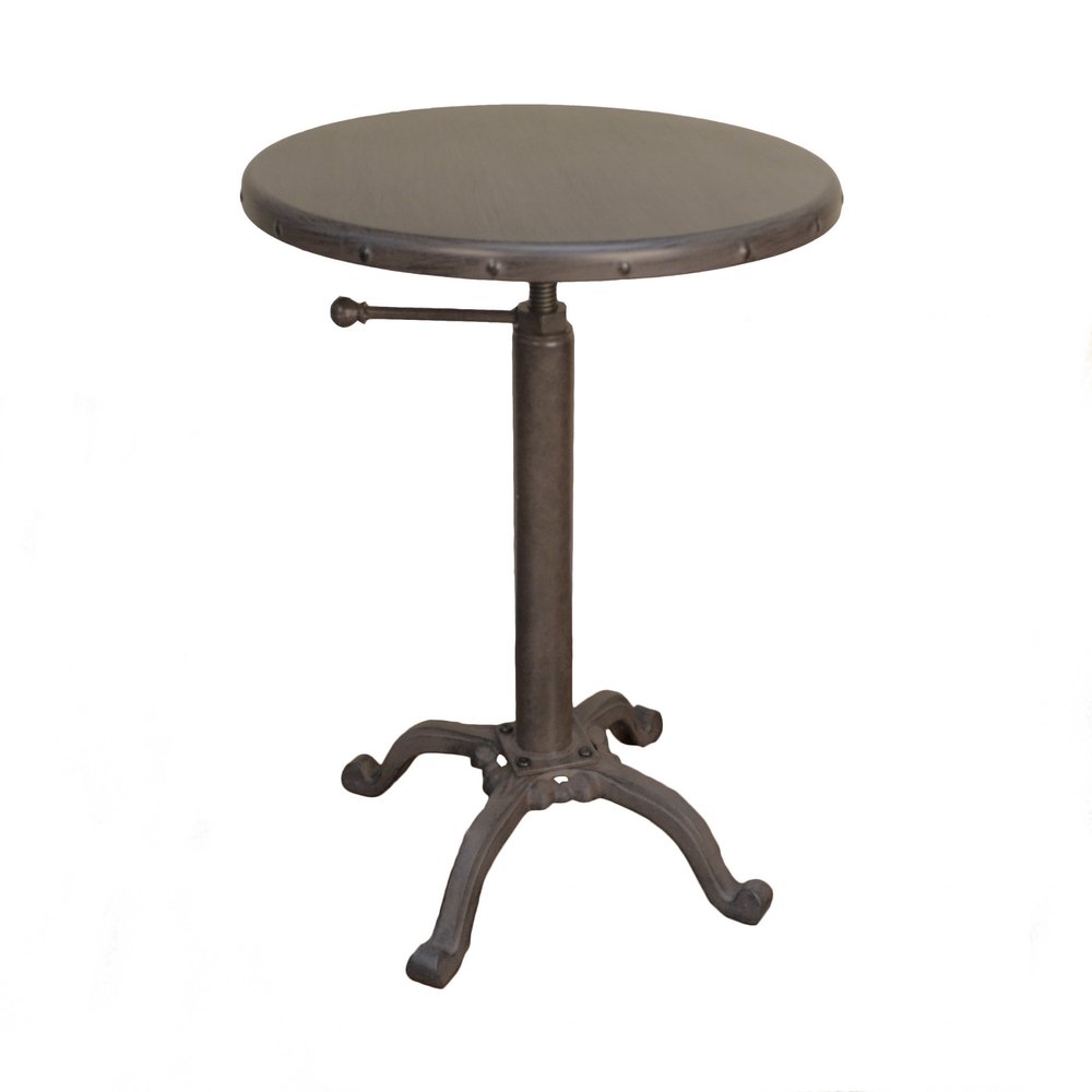Gunmetal and Brown Iron Height Adjustable Round Pedestal End Table
