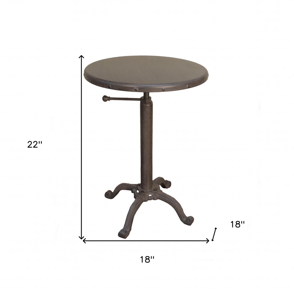 Gunmetal and Brown Iron Height Adjustable Round Pedestal End Table