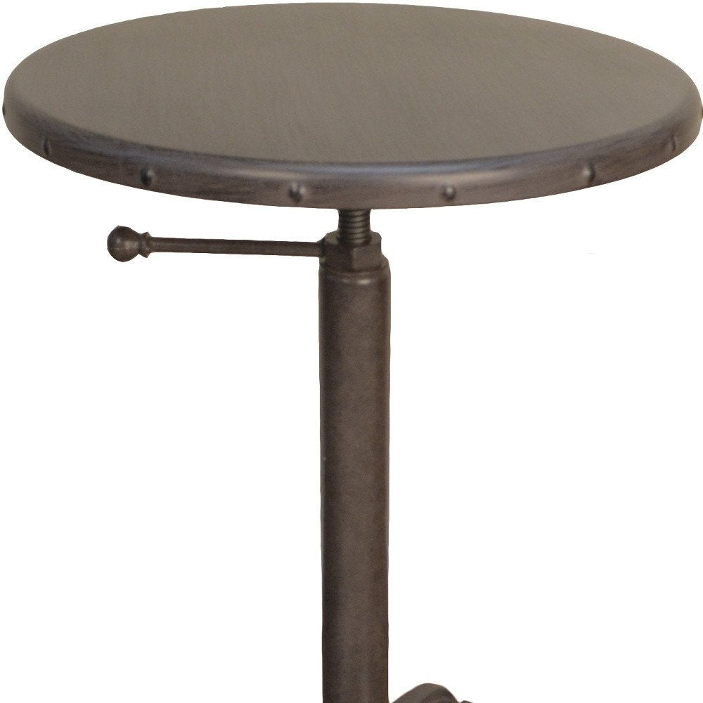 Gunmetal and Brown Iron Height Adjustable Round Pedestal End Table