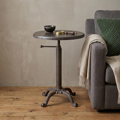 Gunmetal and Brown Iron Height Adjustable Round Pedestal End Table