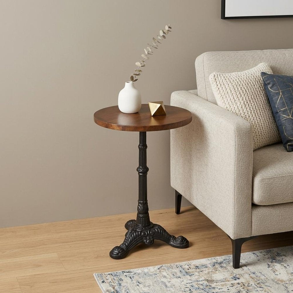 28" Black And Wood Brown Solid Wood And Iron Round End Table