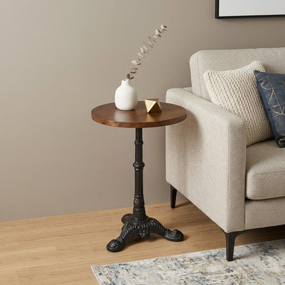 28" Black And Wood Brown Solid Wood And Iron Round End Table