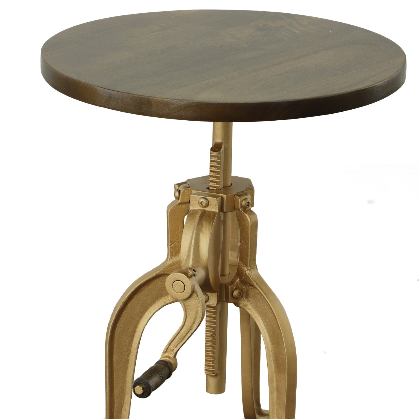 19" Brass Solid Wood And Iron Height Adjustable Round End Table