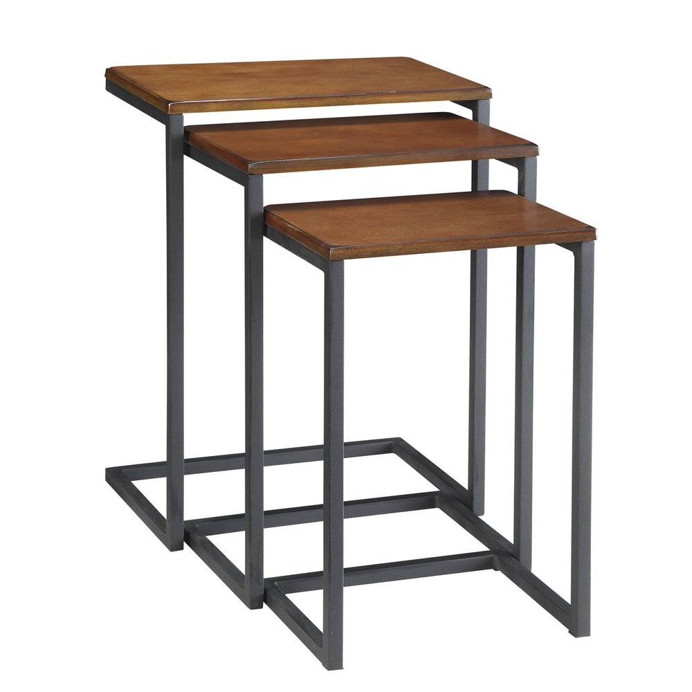 Set of Three Brown and Black Distressed Solid Wood and Metal Frame Nested Tables