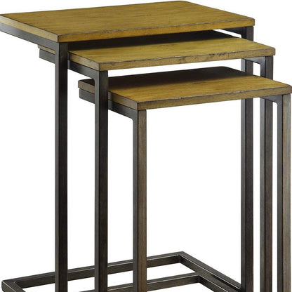Set of Three Brown and Black Distressed Solid Wood and Steel Frame Nested Tables