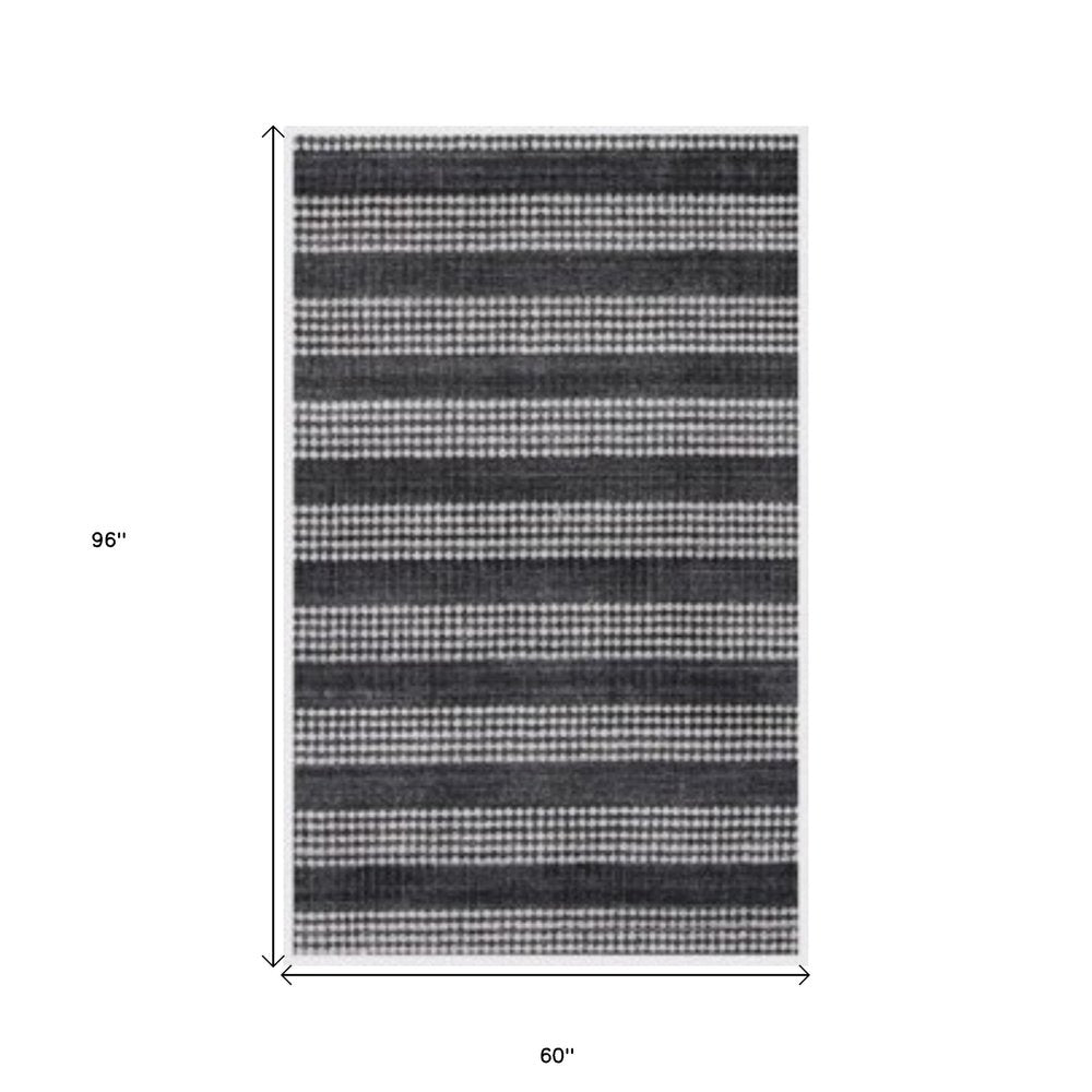 5' X 8' Black And White Striped Hand Loomed Area Rug