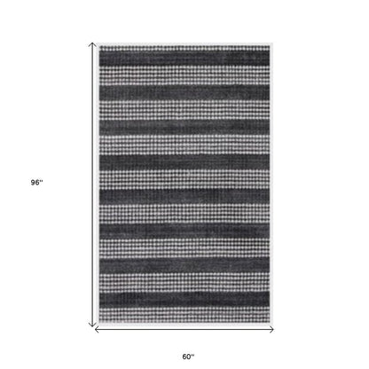 5' X 8' Black And White Striped Hand Loomed Area Rug