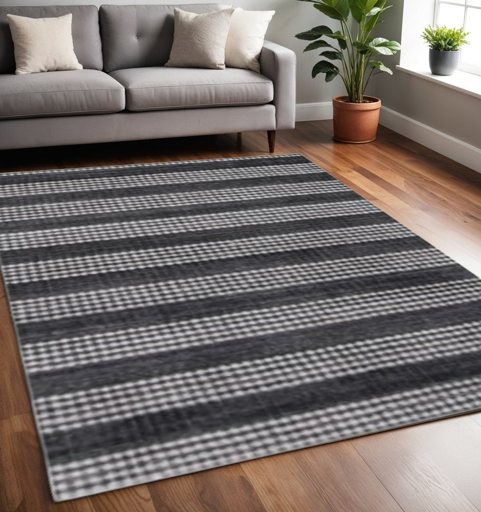5' X 8' Black And White Striped Hand Loomed Area Rug