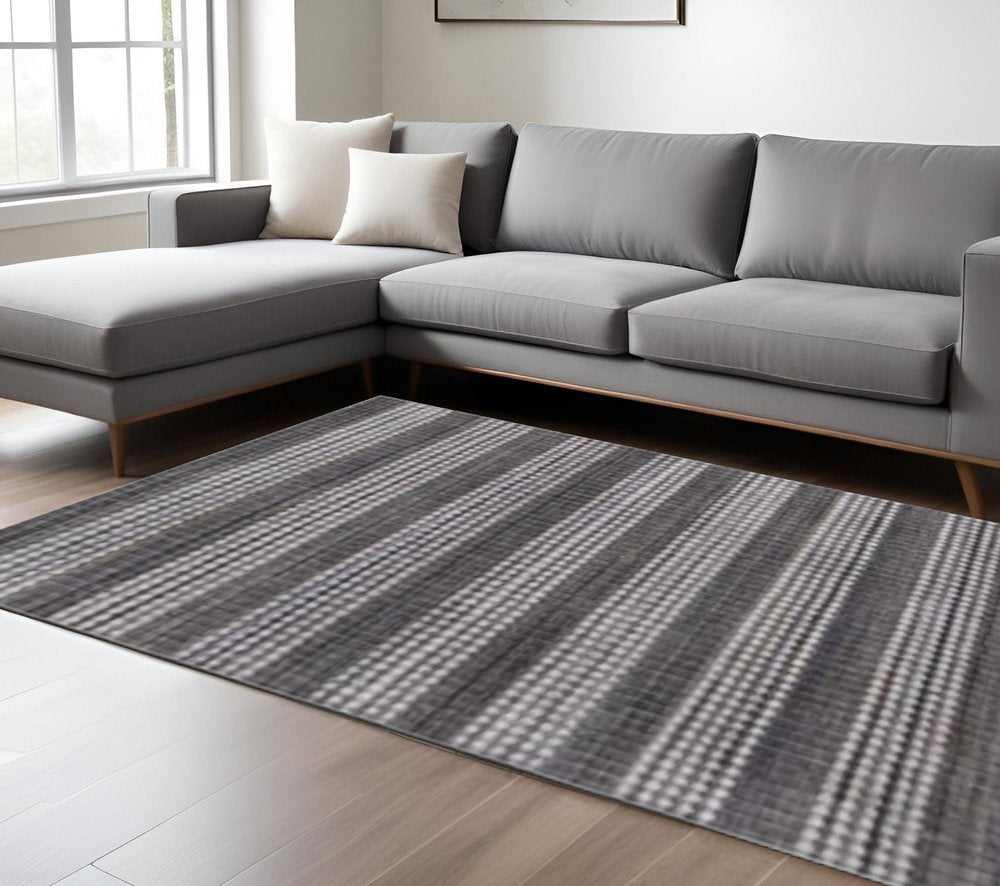 8' X 10' Dark Grey And Whie Hand Loomed Area Rug