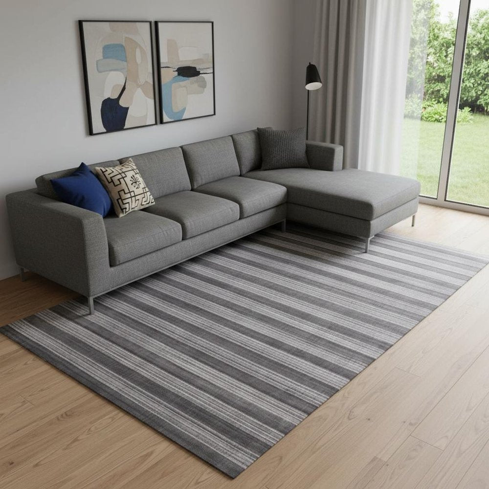 9' X 12' Dark Grey And White Striped Hand Loomed Area Rug