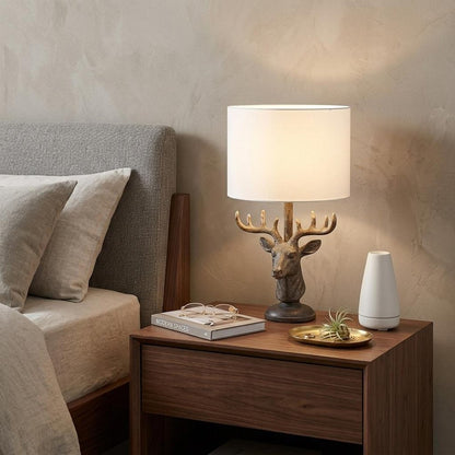 18" Antiqued Bronzed Stag Bust Table Lamp With White Drum Shade