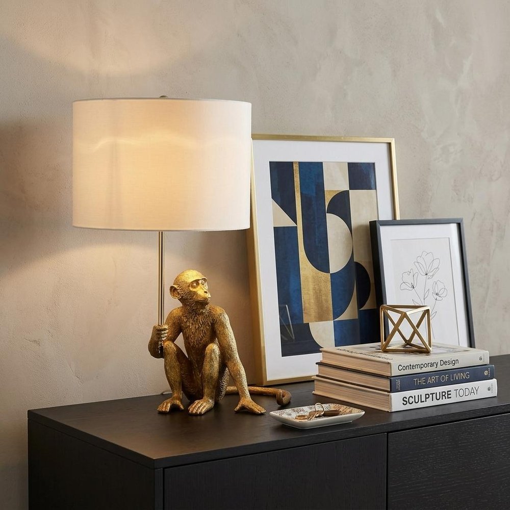 26" Antiqued Gold Sitting Monkey Table Lamp With White