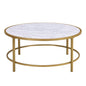 36" White And Gold Faux Marble And Metal Round Coffee Table