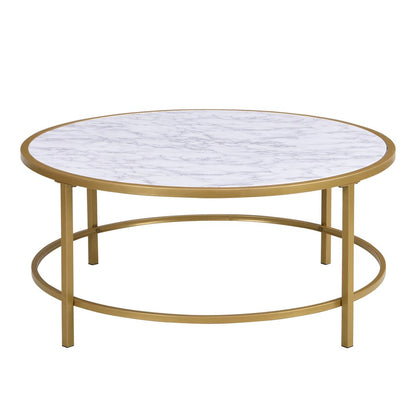 36" White And Gold Faux Marble And Metal Round Coffee Table