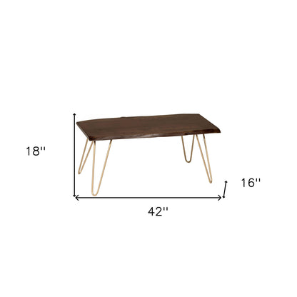 42" Brown And Gold Solid Wood And Iron Coffee Table