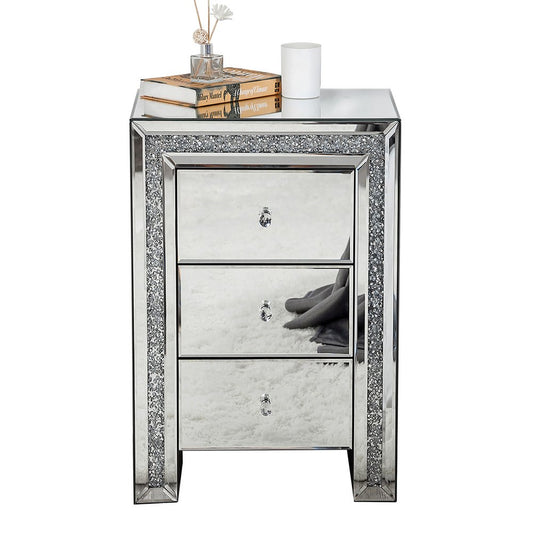 27" Silver Wood and Mirror And Mirrored Glass Three Drawer Nightstand