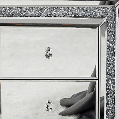 27" Silver Wood and Mirror And Mirrored Glass Three Drawer Nightstand
