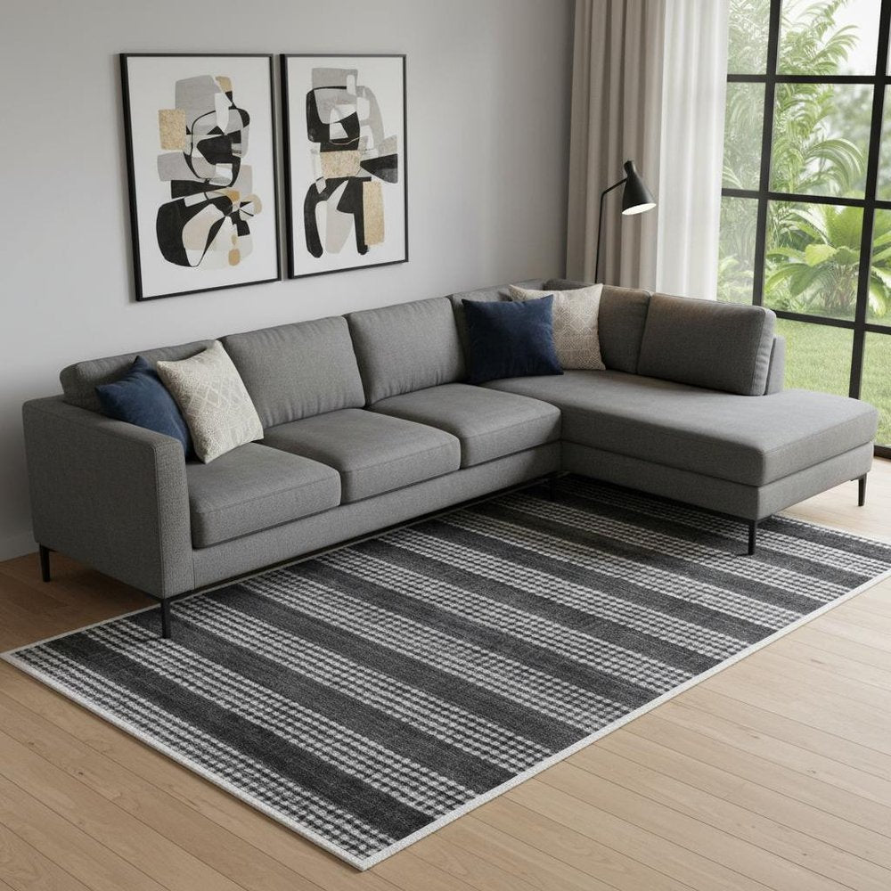 9' X 12' Black And White Striped Hand Loomed Area Rug