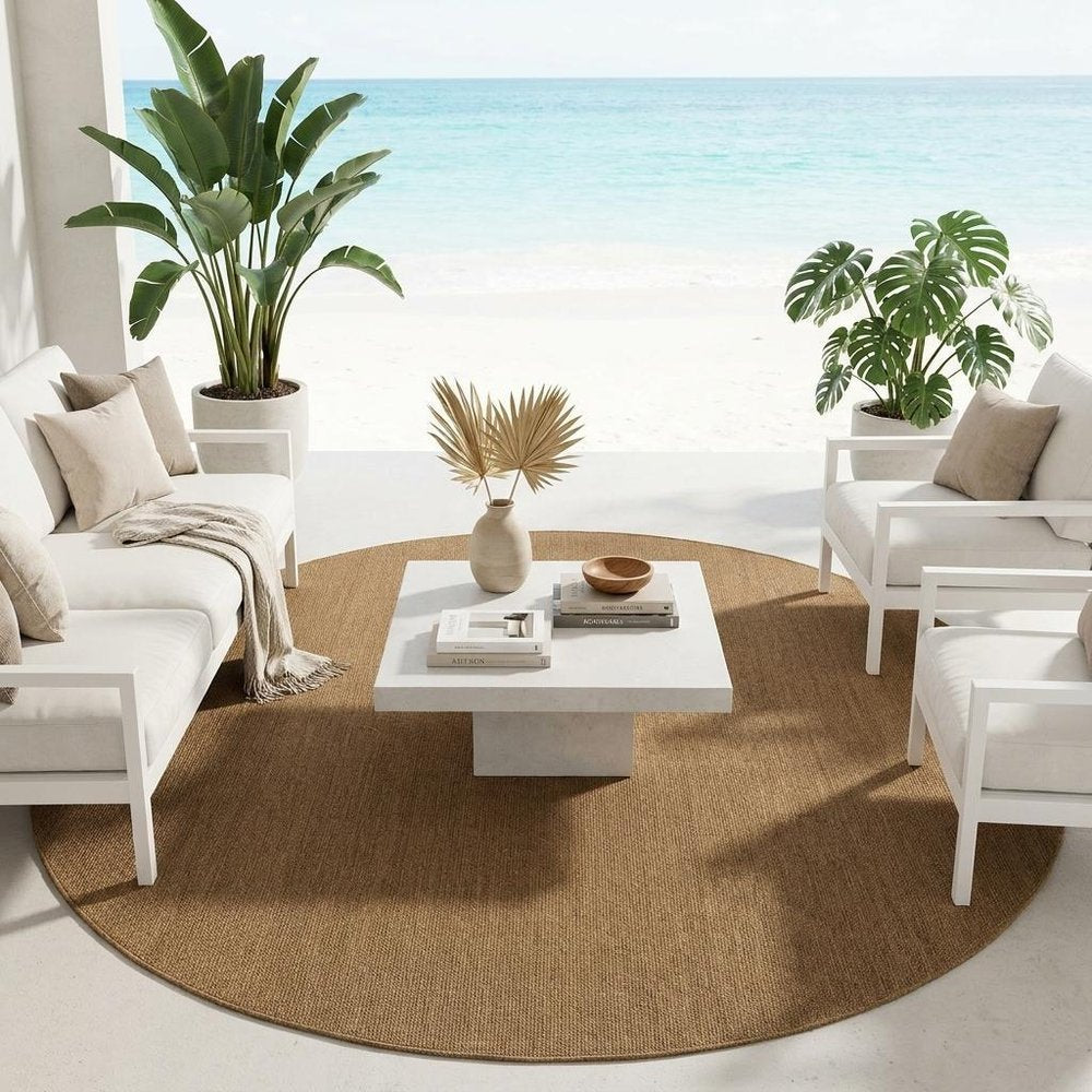 8' X 8' Tan Round Stain Resistant Indoor Outdoor Power Loomed Area Rug