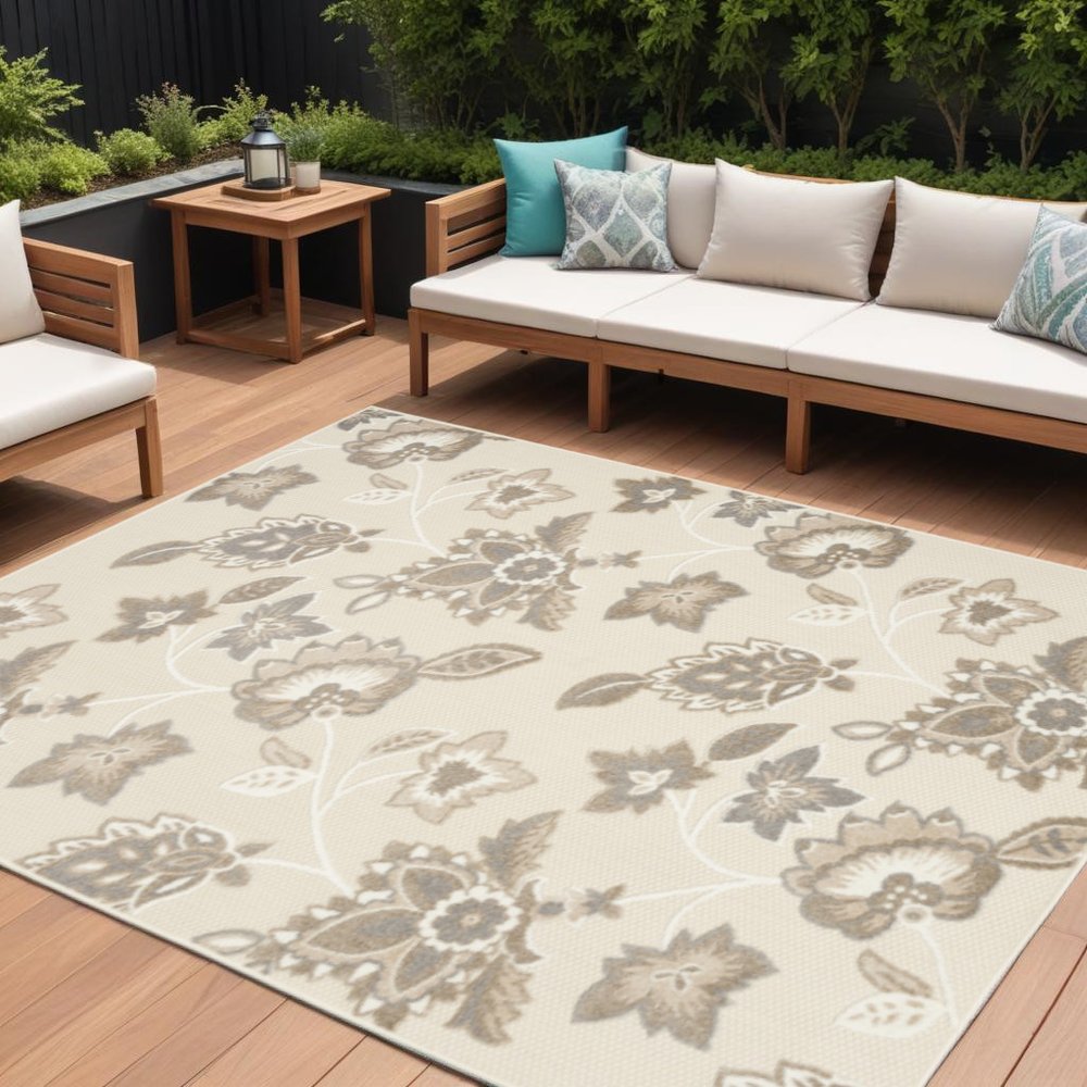 9' X 12' Beige Floral Stain Resistant Non Skid Area Rug