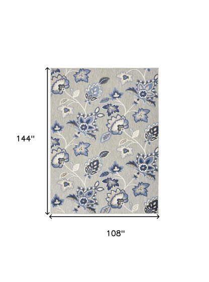 9' X 12' Blue And Grey Floral Stain Resistant Non Skid Area Rug