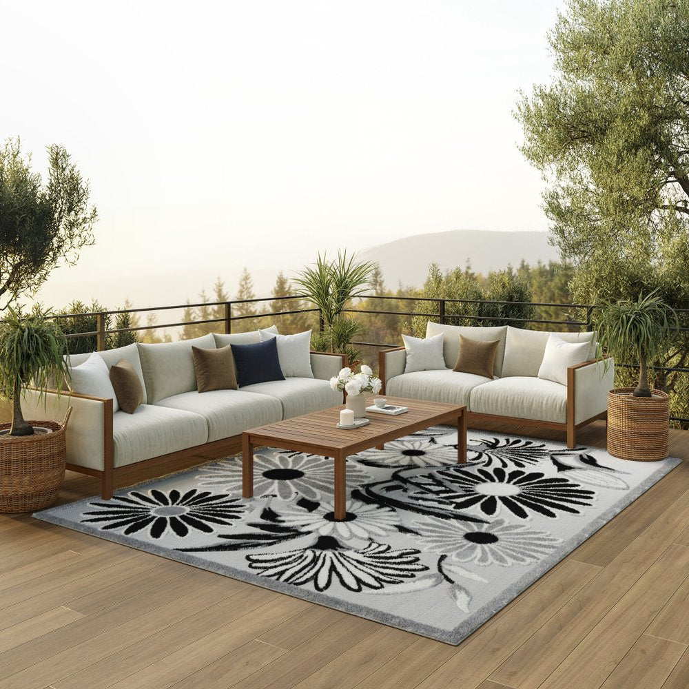 9' X 12' Black And White Floral Stain Resistant Non Skid Area Rug